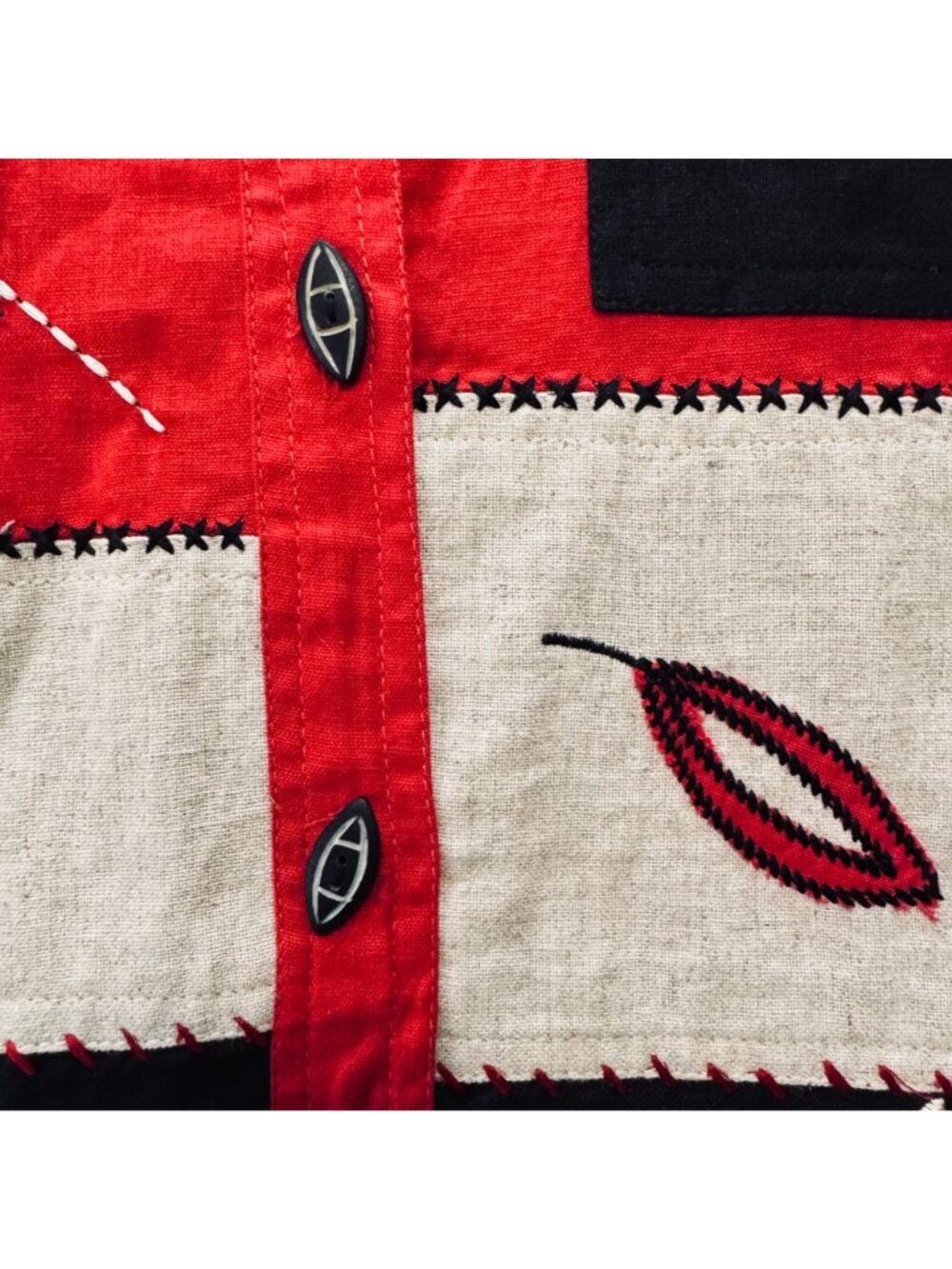 Vintage 90s Linen Blend Top S Color Block Black Red Applique Grannycore Artsy - Picture 5 of 8